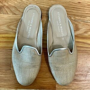 Stubbs and Wootton Leather Woven Metallic Neutral Silver Mules Slides Flats Sz 6